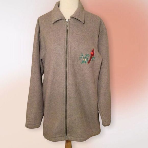 Scandia Woods‎ Vintage Zip Gray/Tan Sweatshirt Embroidered Red Cardinal M/L - Picture 2 of 10